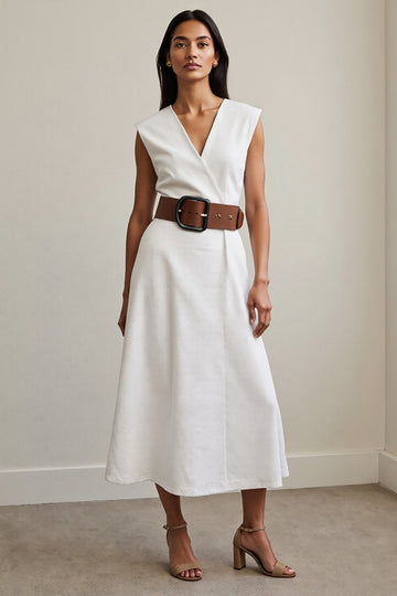 White A Line V-Neck Work Dress with Belt